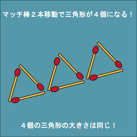 ひらめき力があれば即解決！マッチ棒2本だけ移動して同じ大きさの三角形を4個にする問題！