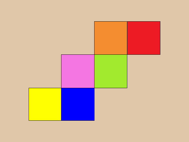 展開図から上面が黄緑の立方体を作る 下の面の色が何色になるか答えよ